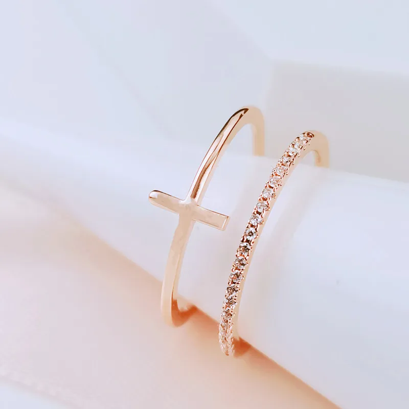 

YR10032 Italina Factory Personalized Fashion Cubic Zirconia Brass Rose Gold Plated Cross Open Double Ring Jewelry Women, Rose gold color