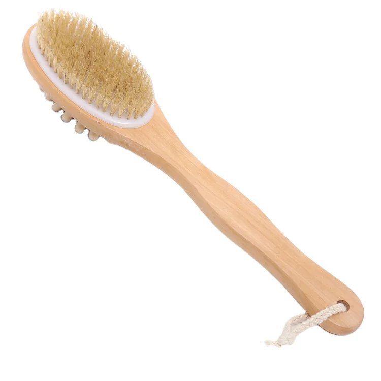 

Double Sided Bath Shower Bristle Brush Massage Body Brush with Wood Long Handle, Natural color