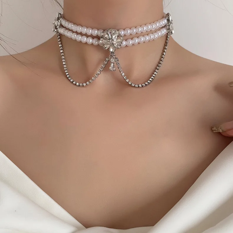 Women Jewelry Lace Rope Pearl Necklace Double Layer Rhinestone Flower Choker Necklace With Crystal