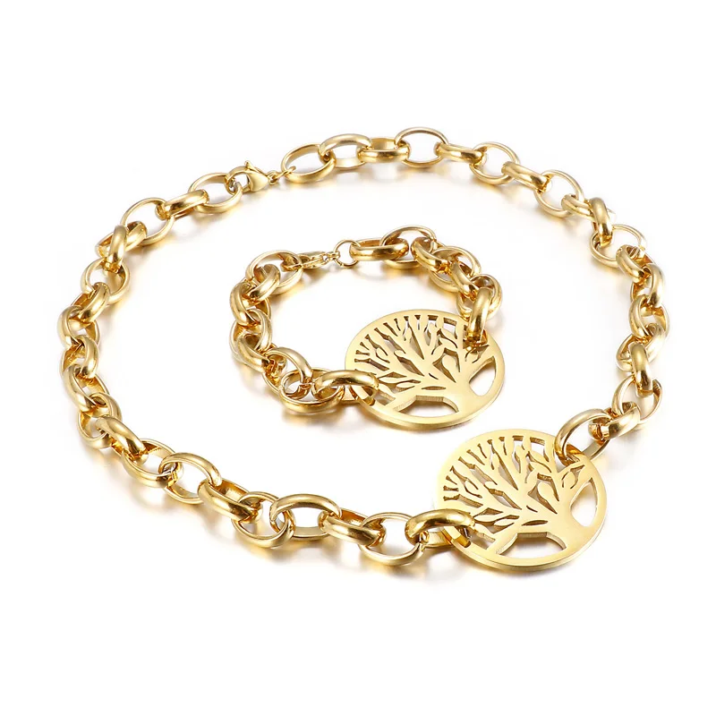 

2020 Classic Fashion Stainless Steel Pendant Bracelet Family Tree Necklace Jewelry Set