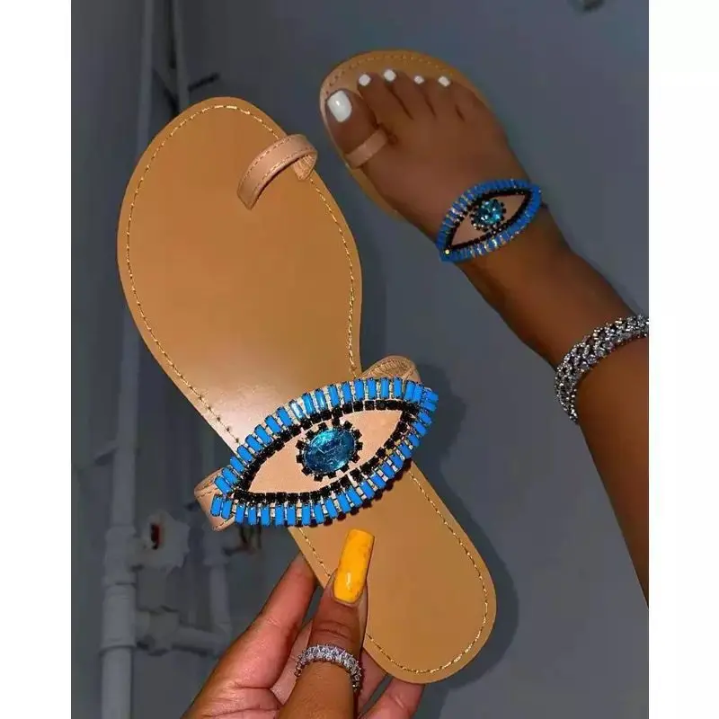 

Evil eye sandals ladies flat slippers rhinestone diamond flat sandals evil eye shoes toe ring evil eye sandals for women, Picture