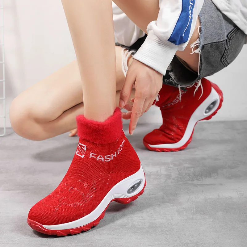 

Women Tennis Shoes Plus Velvet Height-increasing Slip-on Female Sock Footwear Outdoor Custom Sneakers Thick Bottom Platforms