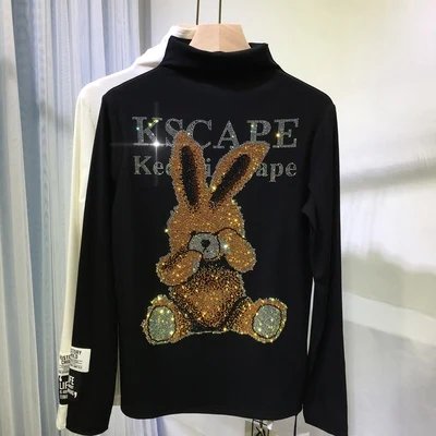 

New Autumn and Winter Turtleneck Long Sleeve T-shirt Ladies Soft Cotton Thick Shiny Rhinestone T Shirt Cartoon Pullover Tee Tops