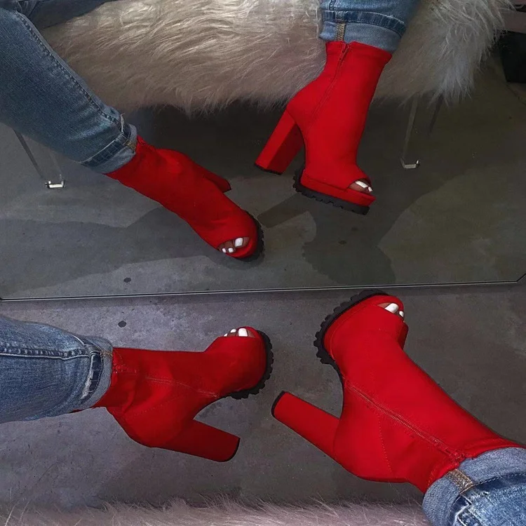 

2021 Winter Large Size American Style Flannel Peep-Toe Platform Thick Heel High Heel Short Boots Women's Shoes Trendy, Colorful