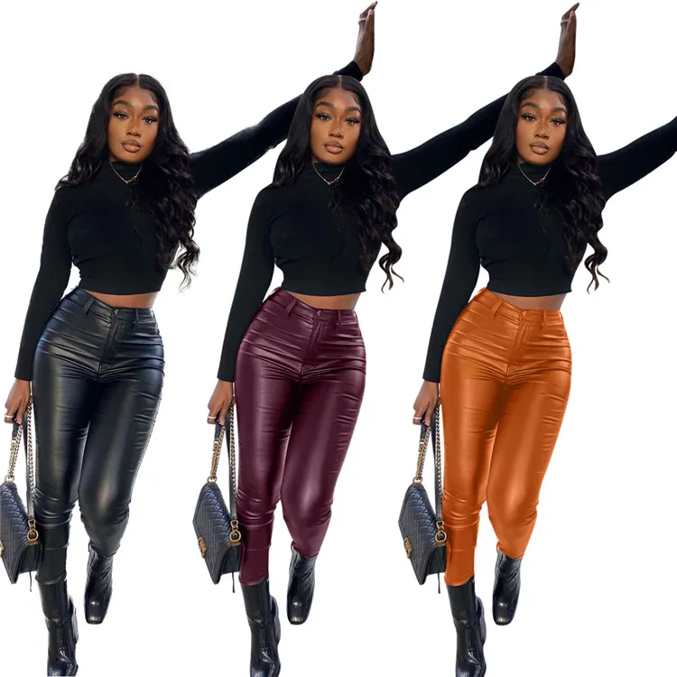 

2022 New Women's Hot Sale High Waist Wholesale Customized Matt Elastic Leisure Handmade Genuine PU Leather Pants