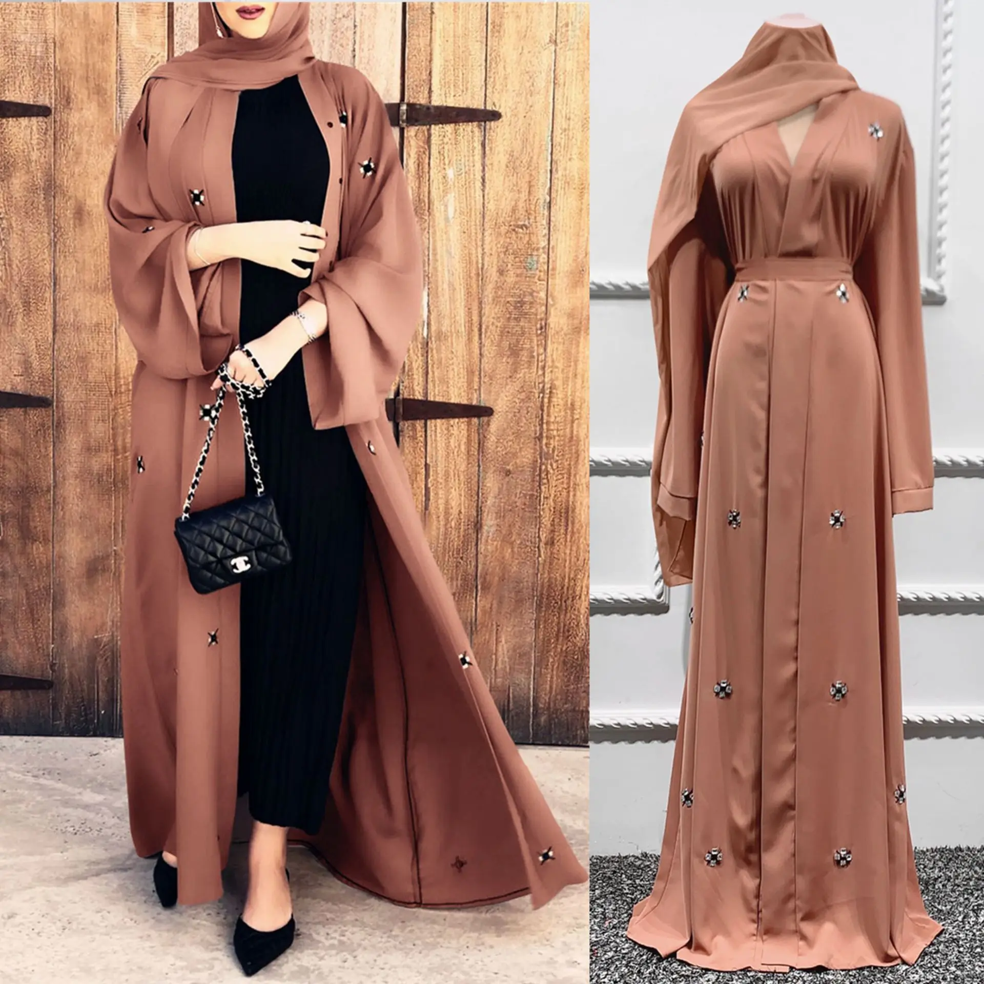 

Hot Islamic Cardigan Ramadan Front Open Kaftan Abaya Long Dress Eid Mubarak Luxury Modest Beaded Open Abaya, Khaki