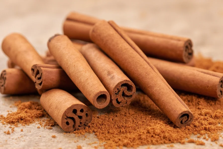 Comparison of Ceylon and Cassia cinnamon sticks showing the thinner, layered structure of Ceylon versus the thicker, harder Cassia bark