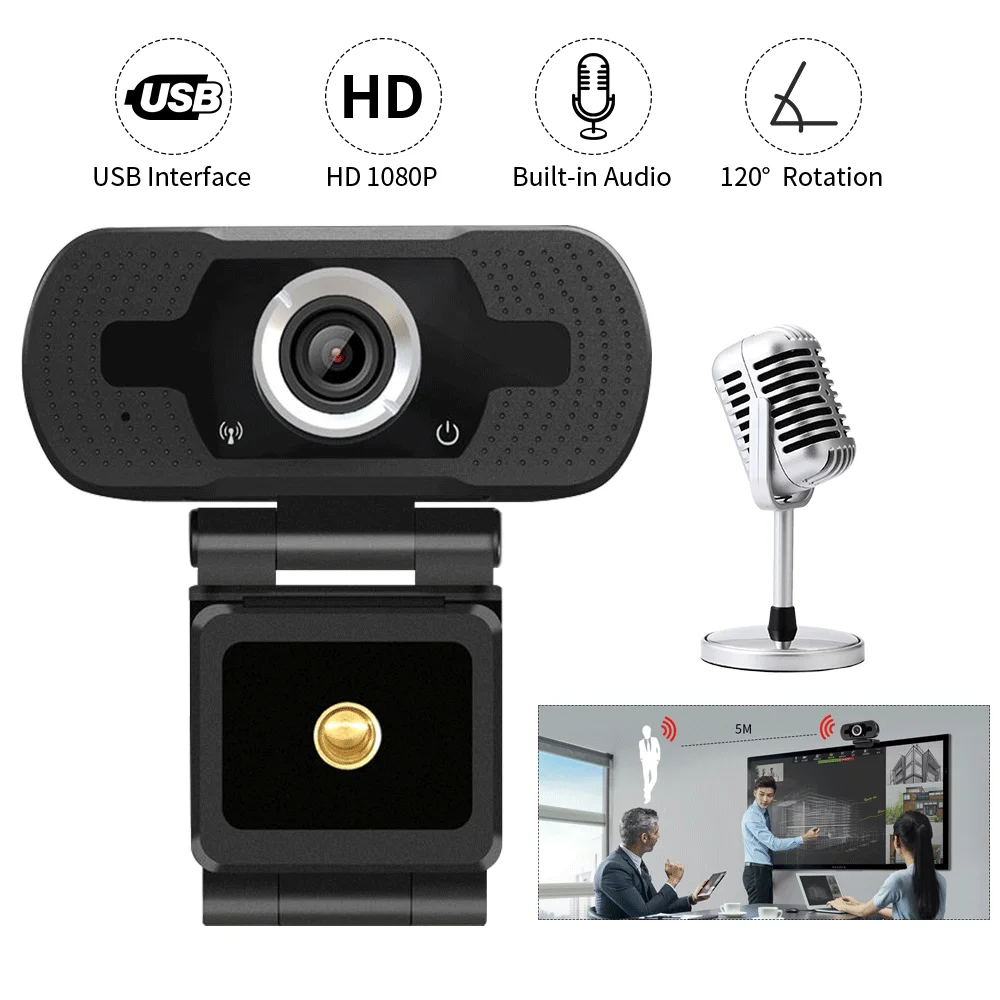 

USB WebCam 1080p HD 2 Megapixel PC Camera with Absorption Microphone MIC for Skype for Android TV Rotatable Computer Camera, Black