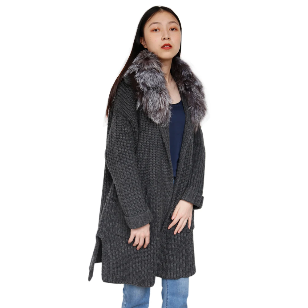 

Wholesale custom women long knitted cardigan sweater with removable fur collar, Dark grey, brown