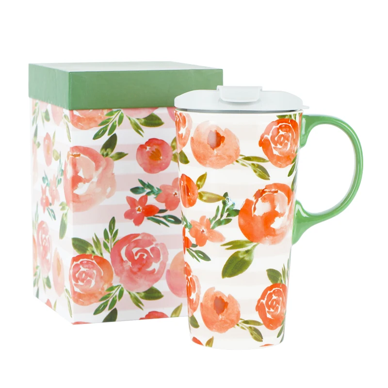 

17oz Floral travel ceramic coffee cup gift set mug with handle, Customized colors acceptable