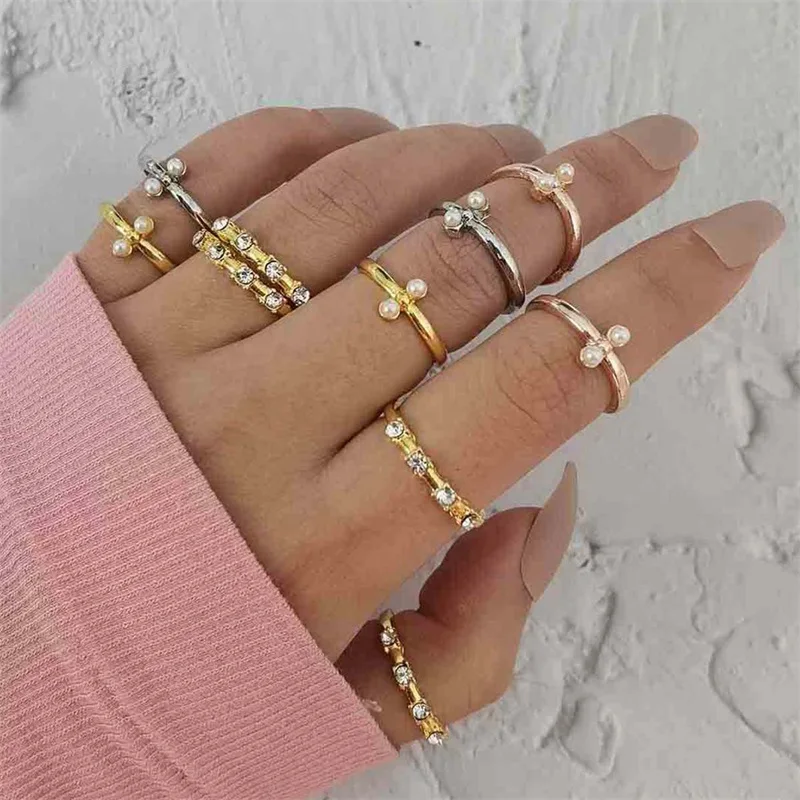 

10 Pcs/Set Fashionable European American Cross Border New Multi Pearl 3 Color Ring Set Bohemian Joint Holiday Party Jewelry, Gold,silver,rose gold