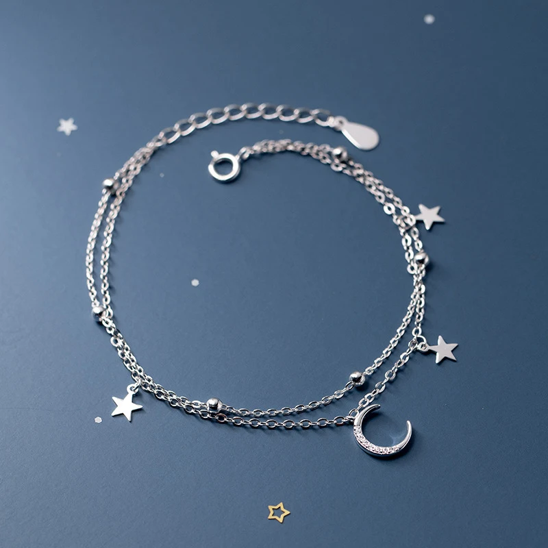 Fashion Genuine 925 Sterling Silver Double Layer Beads Chain Moon Star Charm Bracelets for Women Wedding Valentine's Day Jewelry