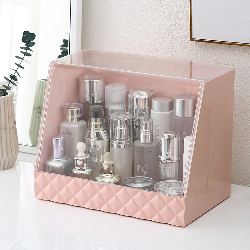 

Extra large beauty dresser detachable cover cosmetic skincare storage box dustproof women plastic makeup storage organizer, Clear or oem colors, with plain or diamond pattern on the front