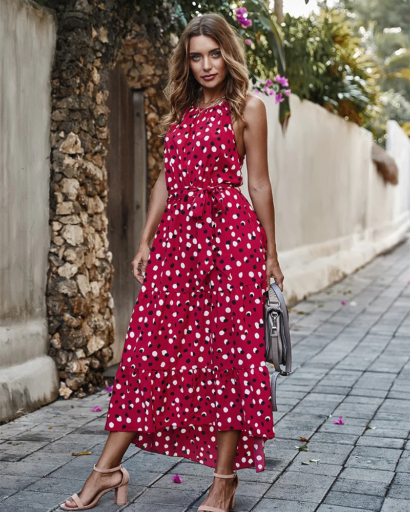 

Summer Women Polka-Dot Long Dress Beach Dresses Strapless Casual Midi Sundress 2021 Summer Vacation Clothes For Women, Shown