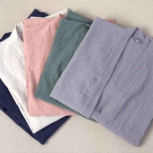 

Manufacturer wholesale Double-layer yarn fabric 100% cotton unisex kimono bathrobes Soft linen water absorbing for men women