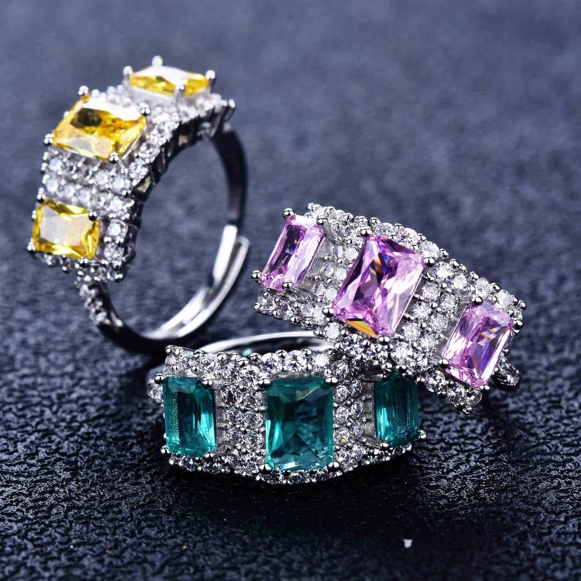 

Vintage Finger Rings Square Pink Yellow/Green Cubic Zircon Jewelry Women's Wedding Engagement Eternity Ring Gift, Picture shows