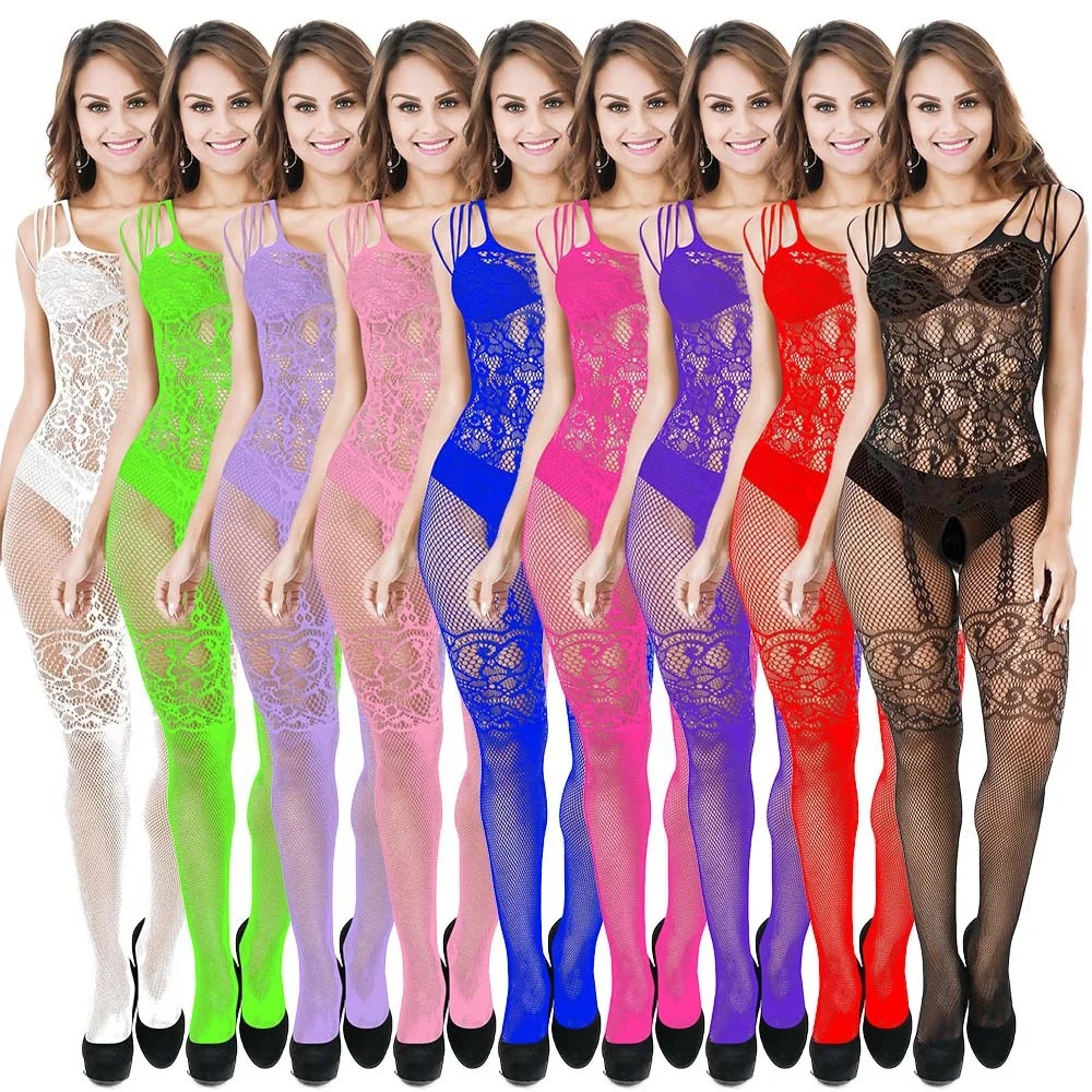 

Wholesale jumpsuits netting Silk stockings jacquard Women Hot Transparent Fishnet Lace Hollow Out Bodysuit Sexy Lingerie, Customized color