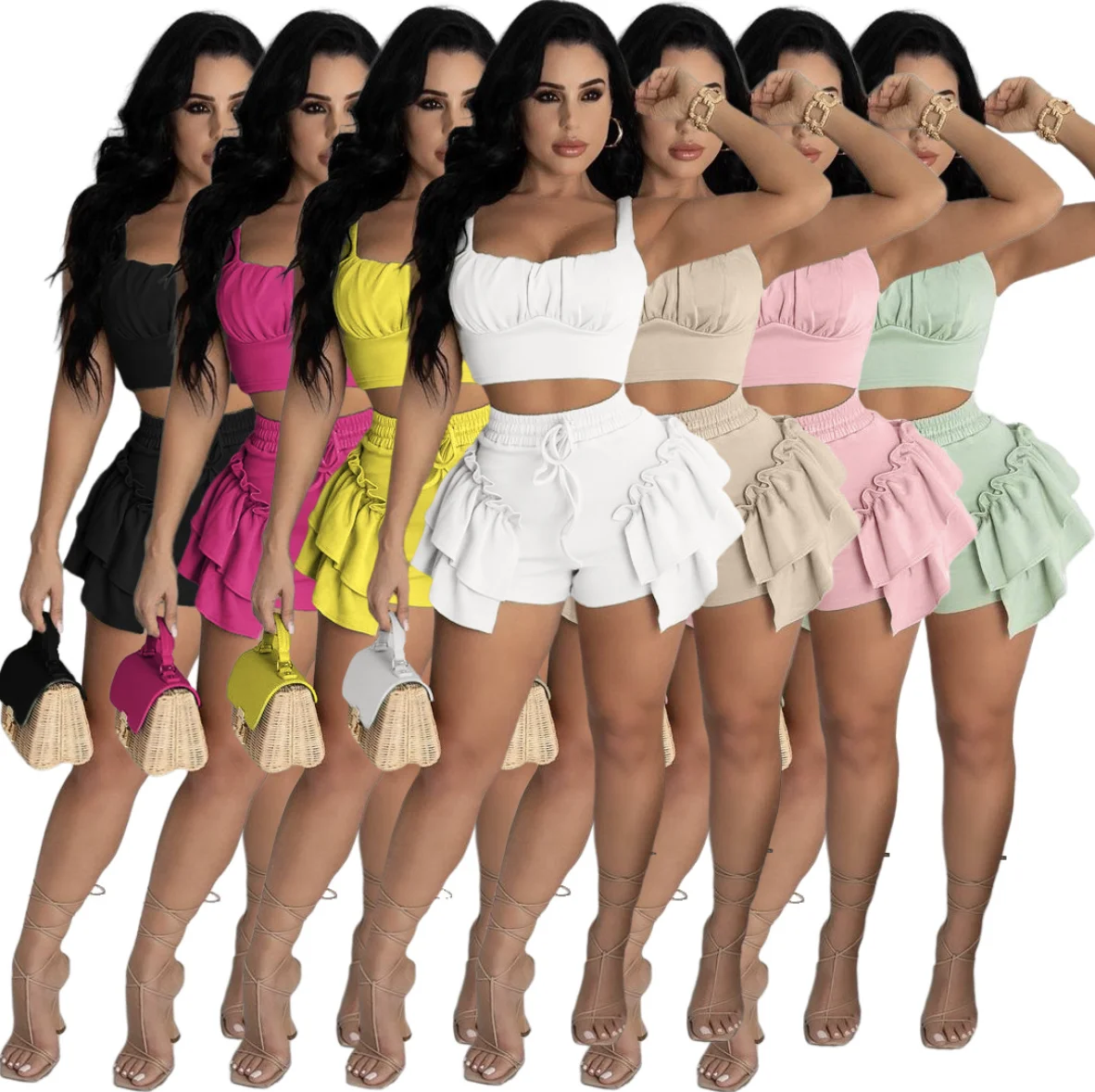 

Amazon hot European American women nightclub solid ruffles edge vest and shorts 2pcs set 2021 latest women shorts casual outfit