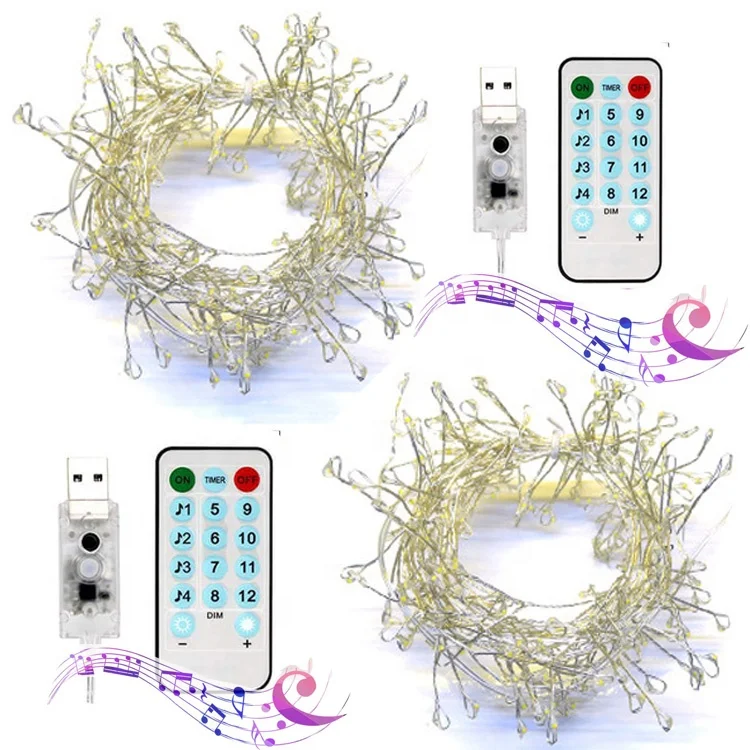 Voice Activated battery Powered 200 LED firework String Light Warm White Fairy String Light  12 Modes