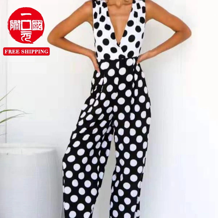 

2021 European and American summer new sexy v-neck sleeveless polka-dot jumpsuit