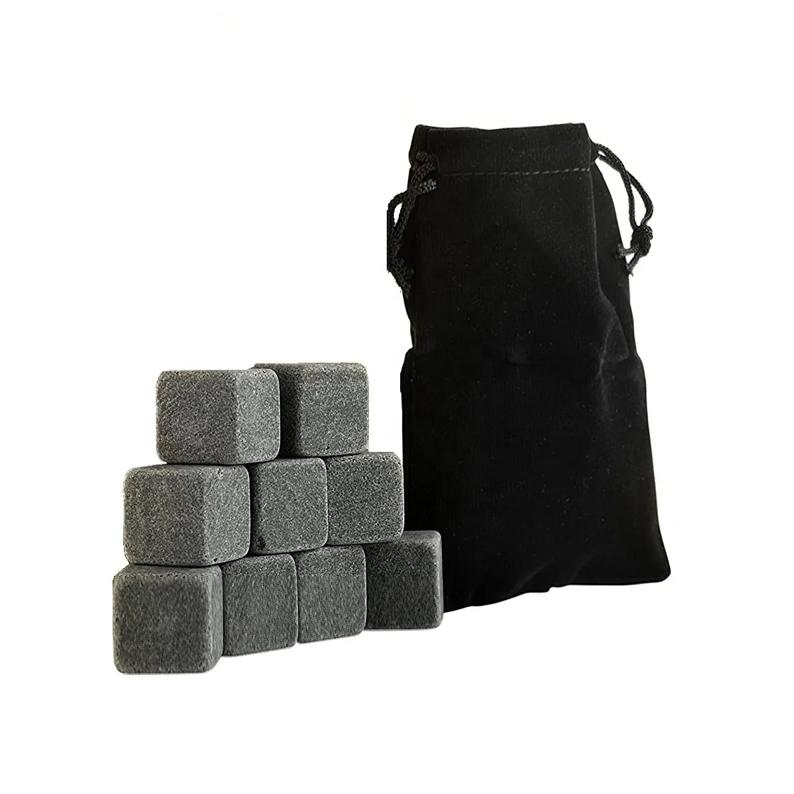 

Amazon Set of 9pcs Grey Granite Whiskey Stones Chilling Rocks Reusable Cooling Ice Cubes with Black Velvet Carrying Pouch, Dark gray