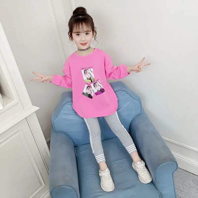 

Girls' long-sleeved T-shirt Western style 2021 new middle and large children's round neck shirt girl bottoming shirt, Green,pink