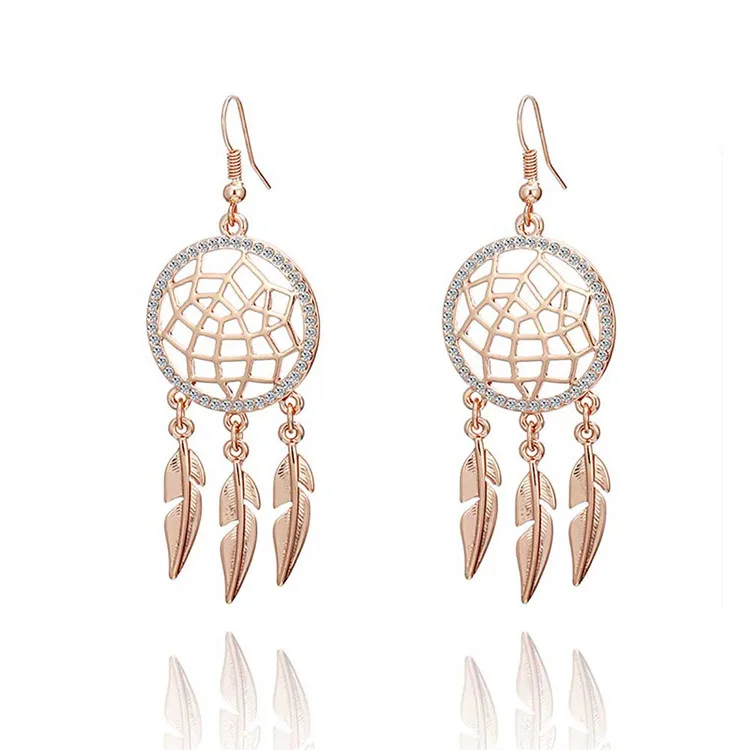 

Ethnic Hollow Flower 18K Gold Plated Crystal Dream Catcher Feather Drop Earrings for Women Jewelry, Silver,gold,rose gold