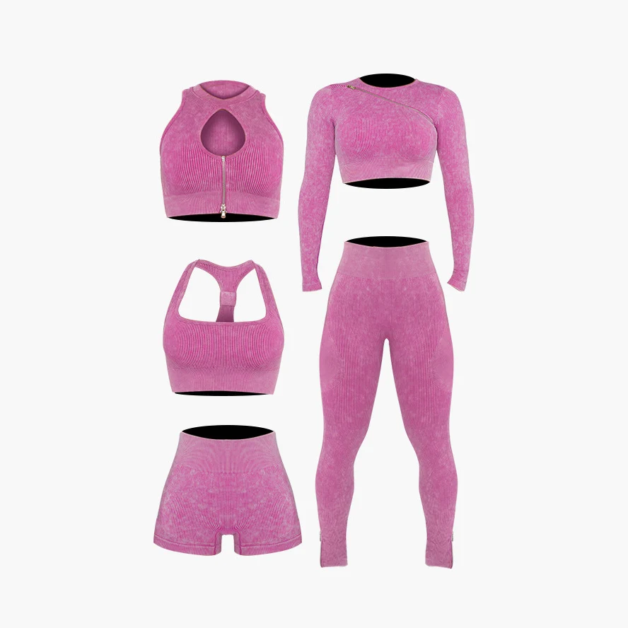 

Seamless Yoga Set 5 Piece Set Sports Bra Long Sleeve Shorts Leggings Workout Set