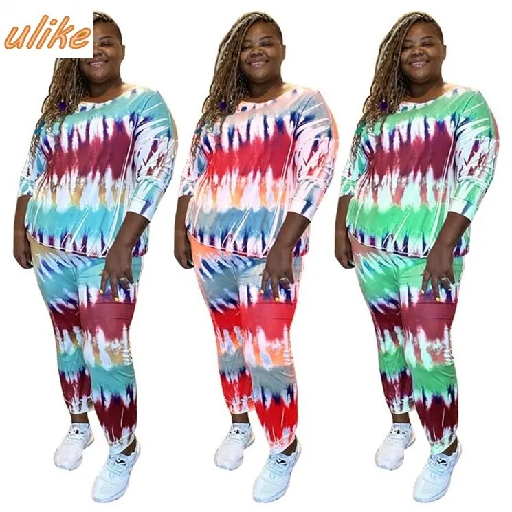 

Fall Women Clothes Fashion Tie-Dye Print Sports Suit Plus Size Two Piece Set Women Clothing