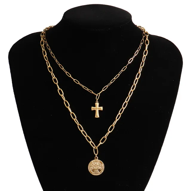 

NK369 New Arrival Cross Coin Pendant Thick Chain 18K Gold Filled Rectangle Chain Layered Link Chain Necklace Set, Gold,silver