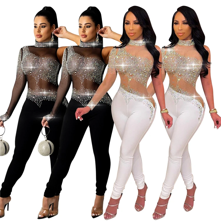 

High Quality Solid Color Mesh Rhinestone Design Bodycon Jumpsuit 2021 Sexy Jumpsuits Club Wear Rompers For Women