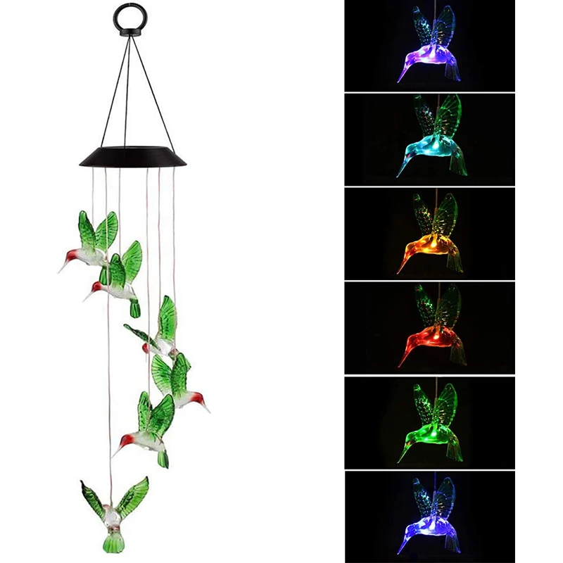 

Color Changing Christmas Window Wind Chime Hanging Lamp LED Solar Powered Hummingbird Wind Chime Yard Garden Deco Light