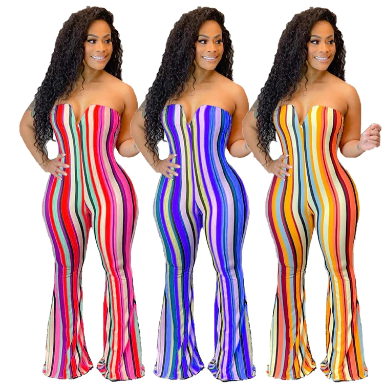 

LXE 2021 Female Bell Bottoms Rompers Strapless Colorful Stripe Summer Women One Piece Jumpsuits, Picture