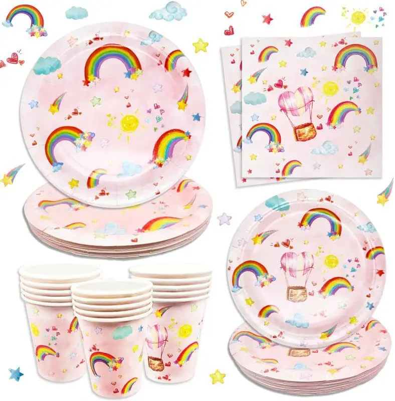 

Rainbow Theme Disposable Paper Tableware Birthday Party Supplies Paper Plates Cups Napkin For Kids Party
