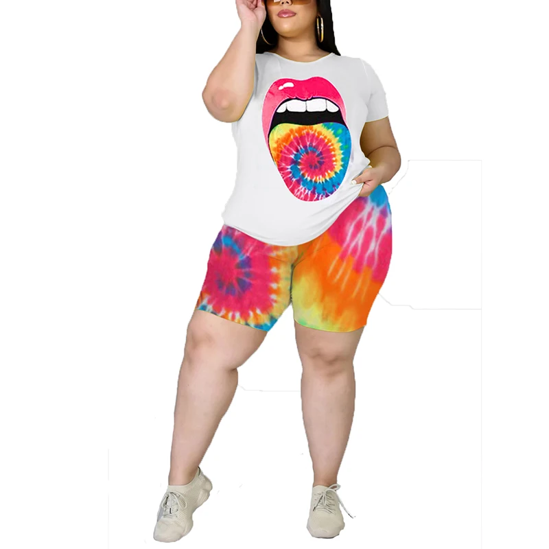 

007 Hot Womens Outfits Summer Tie Dye Print women Plus Size T-shirts Casual Plus Size Short Sets Women Two Piece, Red, purple, orange