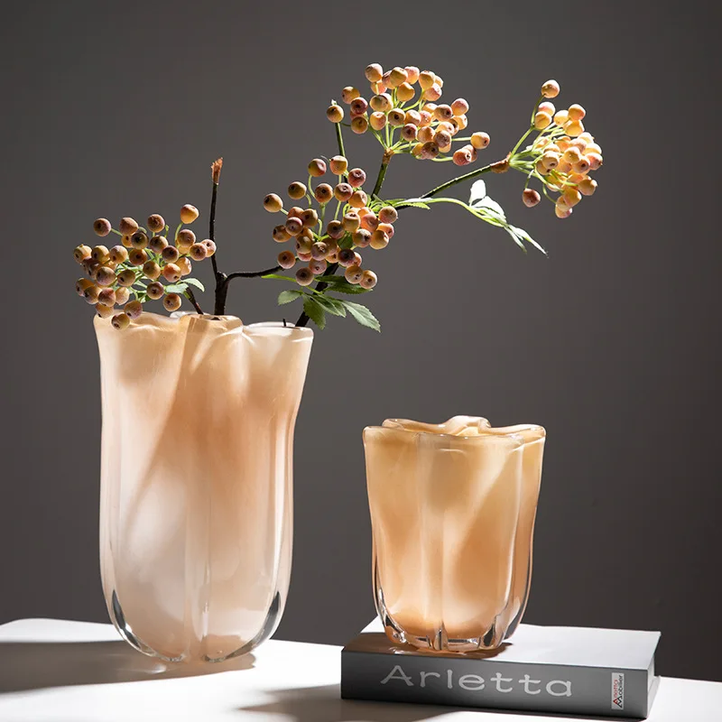 Cream Yellow Petal Mouth Hydroponic Glass Vase Irregular Dining Table Living Room Home Soft Installation Colored Crystal Vase