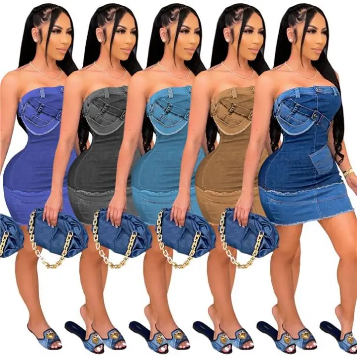 

JEAN Best Seller Sexy Strapless Denim Bodycon Dress Women Summer Dress Woman Casual Dress