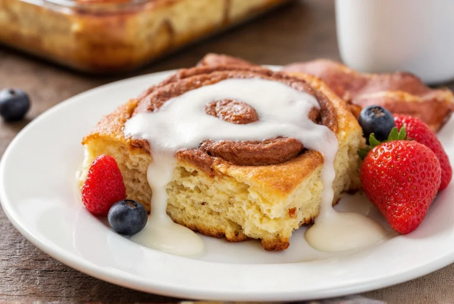 Cinnamon roll casserole with heavy cream served on a plate with fresh berries, bacon, and coffee