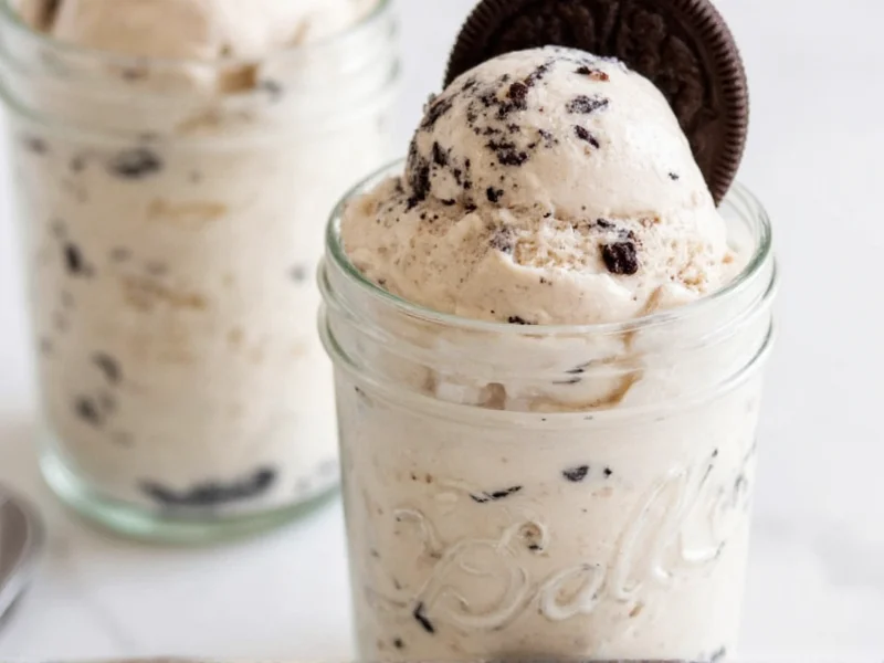 Homemade cookies and cream ice cream in mason jar