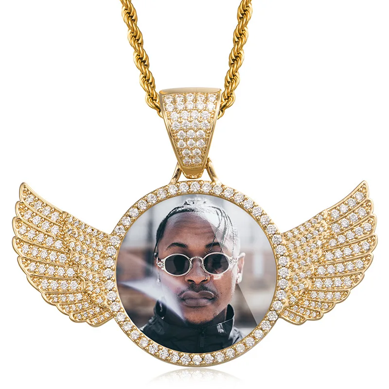 

Customized photo memory other side wings photo frame medal solid color solid pendant hip hop jewelry necklace, Picture shows