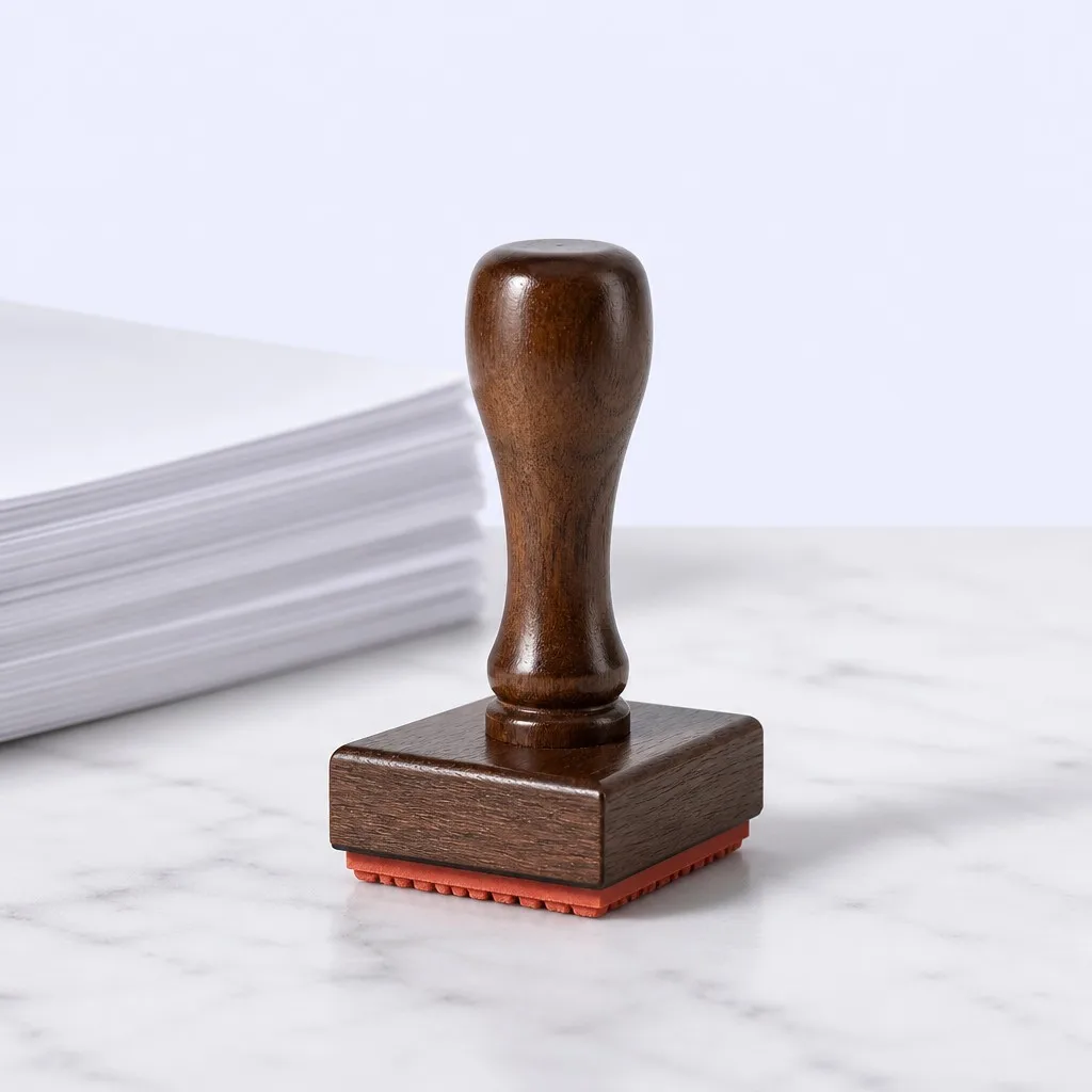 Walnut wood stamp on an office desk