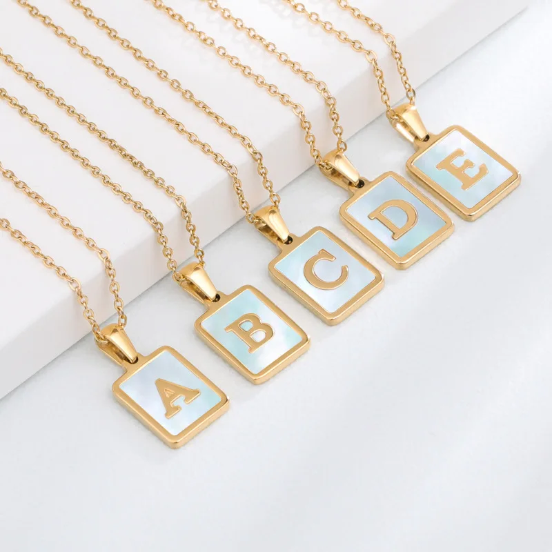 

Custom 26 Letters 18K Gold Color Initial Alphabet Stainless Steel Necklace White Mother of Pearl Square Shell Pendant Necklace