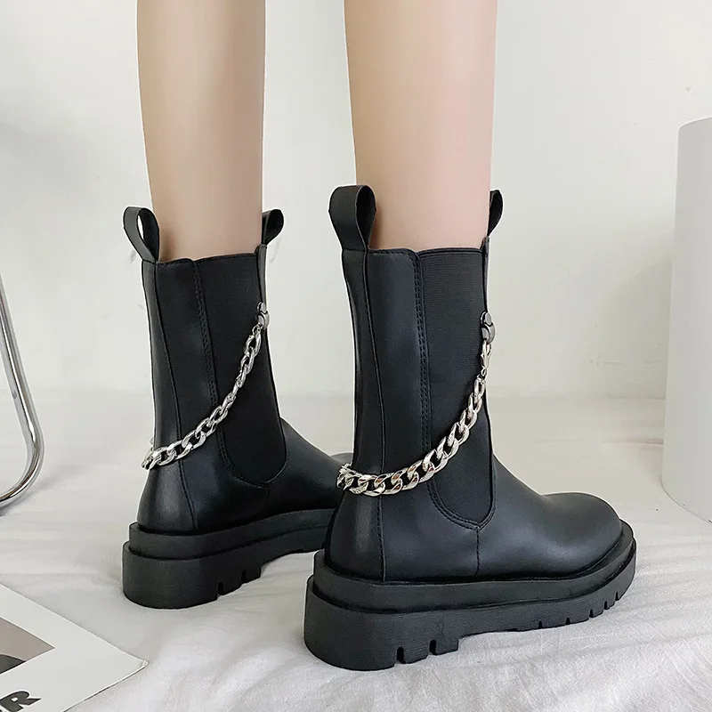 

New Design Chain PU Leather Shoes Motorcycle Casual Thinck Bottom Footwear Womens Flat Ankle Fashion Winter Boots