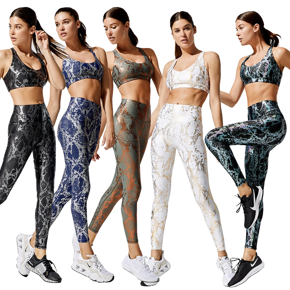 

2021 yoga wear high waist butt lift gold print snake skin active leggings women leggings set yoga sets fitness