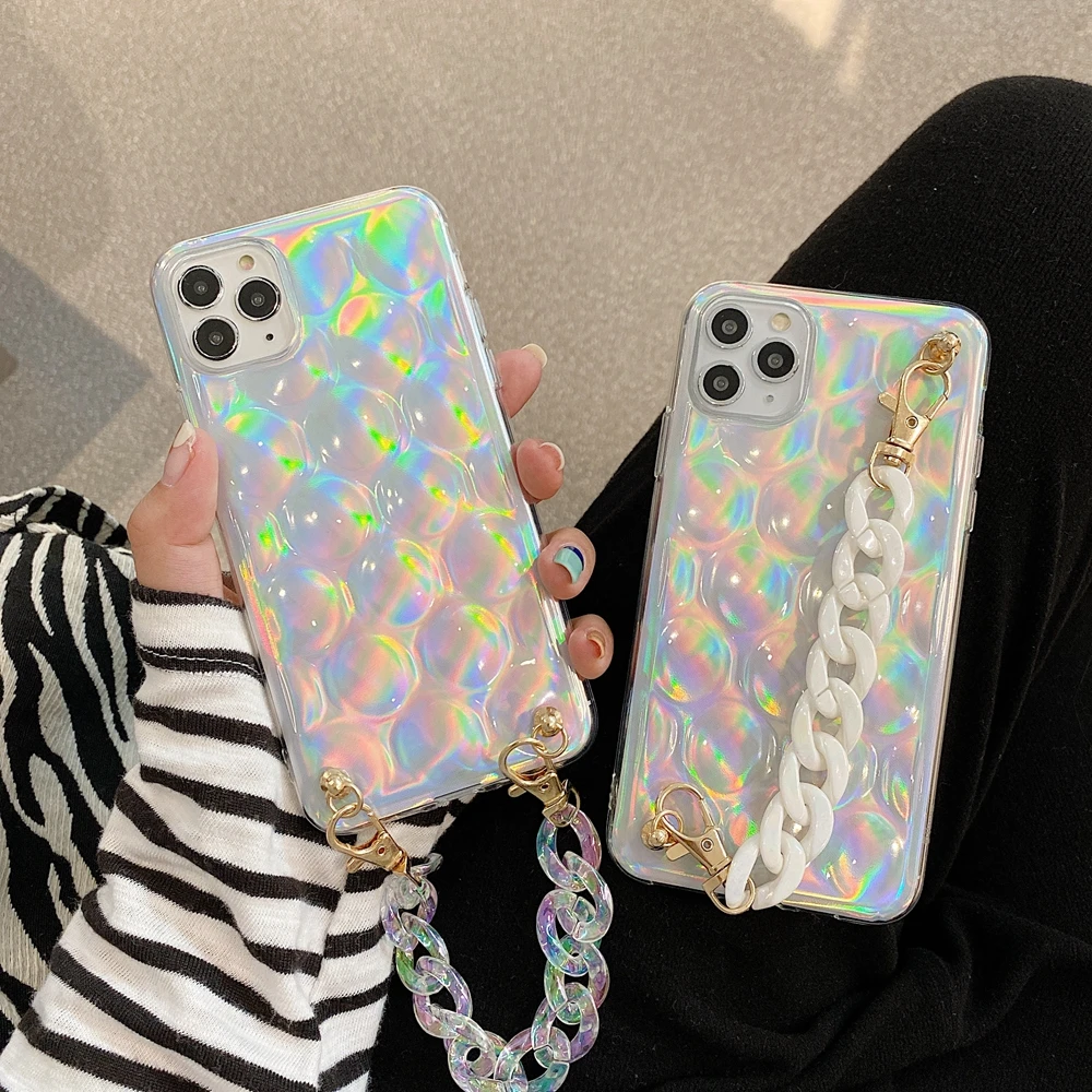 

For iPhone 12 pro max Laser TPU Mobile Phone Case with wrist strap Sparkling 3D coval shape design Phone Case for iPhone 11pro