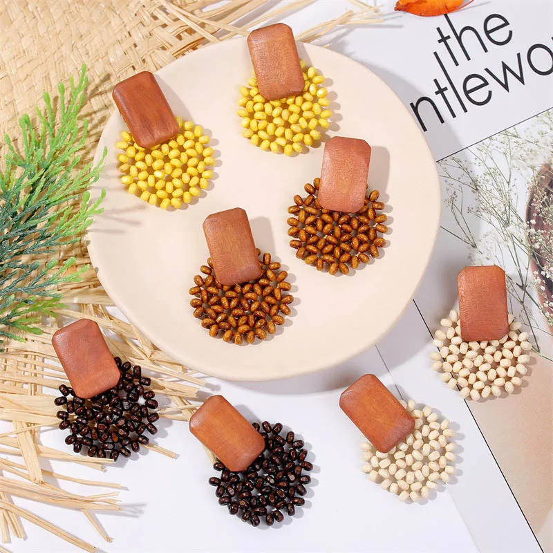 

2021 handmade environmentally friendly wood flower, bamboo, pearl, shell rattan earrings for women, Colors