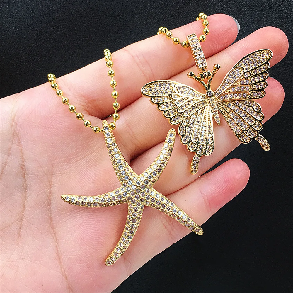 

New Trendy Real Gold Plated Micro Pave Cubic Zirconia Starfish Necklace Full Zircon Butterfly Pendant Necklace