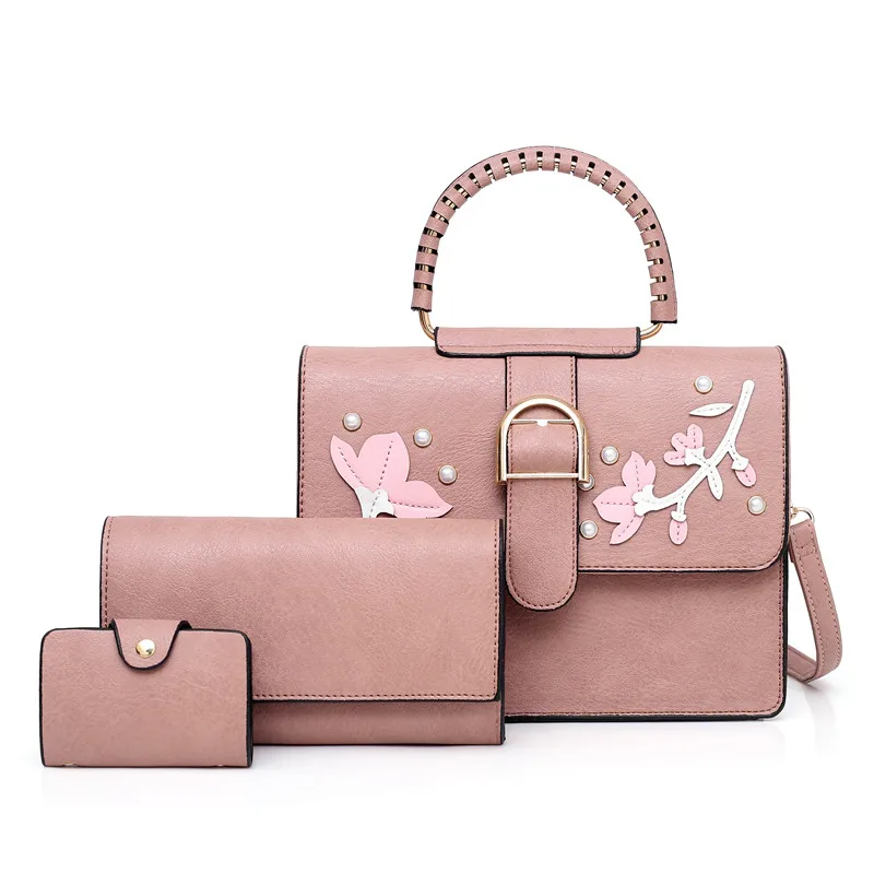 

Wholesale fashion beautiful ladies 3 piece shoulder handbags with flowers in front