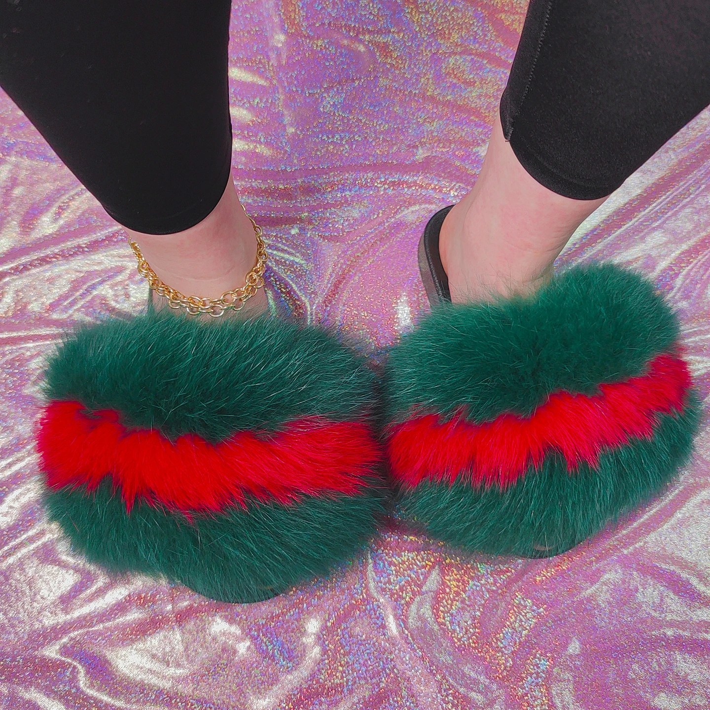 

Beautiful Fashion Fur Shoes Real Fox Fur Slides Women Slippers, As picture show or customized