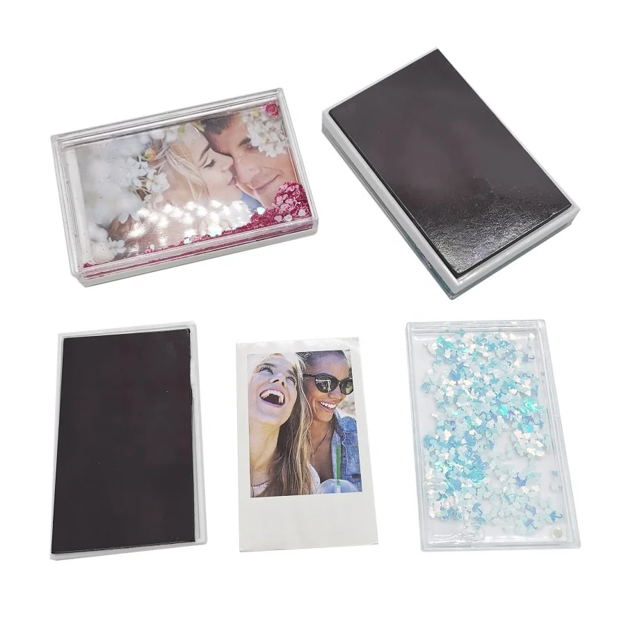 

Fuji Film Mini 2x3 Instant Photo Insert Acrylic Picture Frame Water Glitter Floating Sparkle Photo Frame with Fridge Magnet, Clear acrylic, colorful glitters